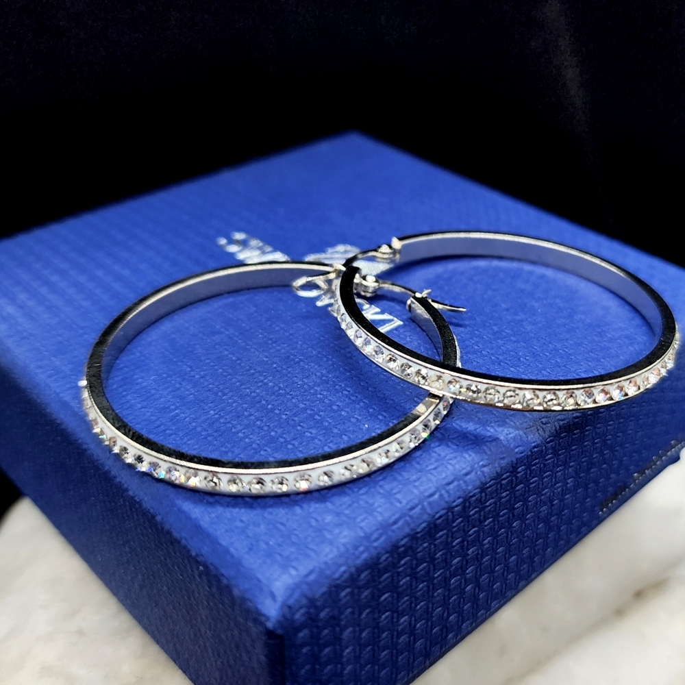 Swarovski Jewelry White Rhodium Hoops Bright Pave Swarovski Crystals